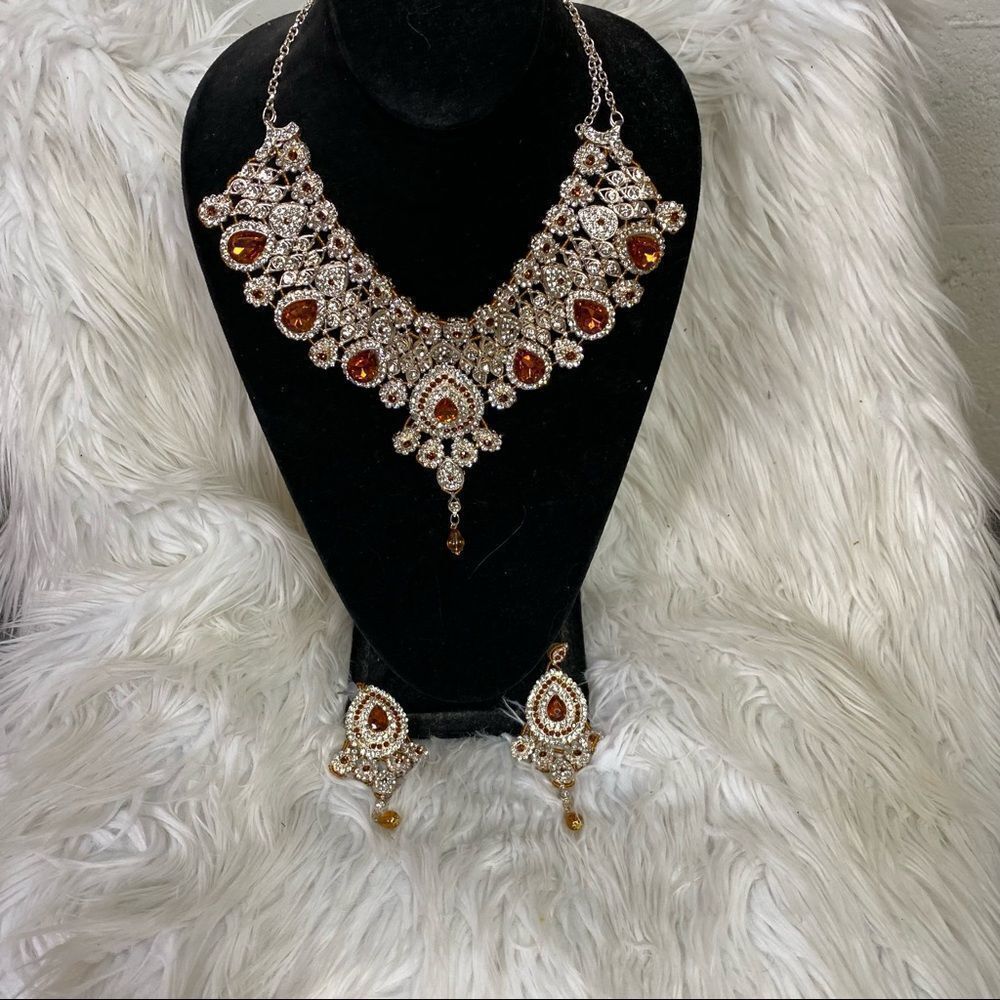 Orange Stone Silver Statement Necklace Dangle Ear… - image 1